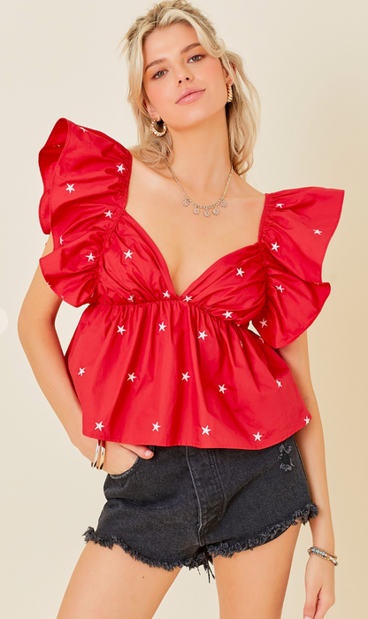 Red Embroidered Star Top