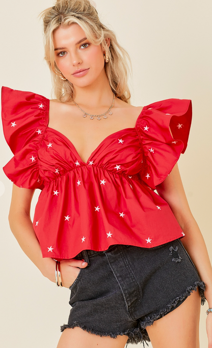 Red Embroidered Star Top