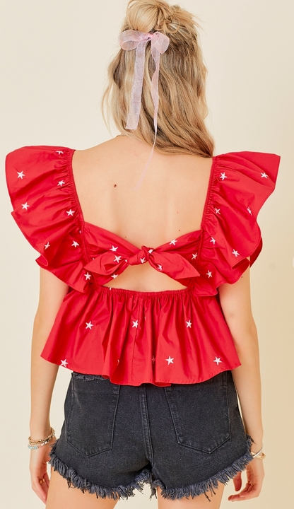 Red Embroidered Star Top