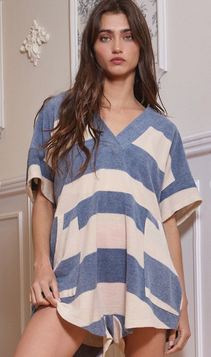 Brushed Stripe V-neck Romper Blue