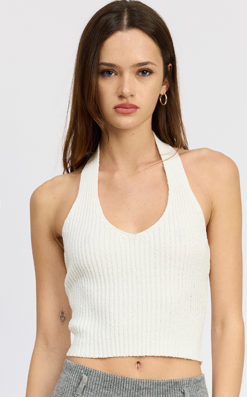 White Halter Knit Top