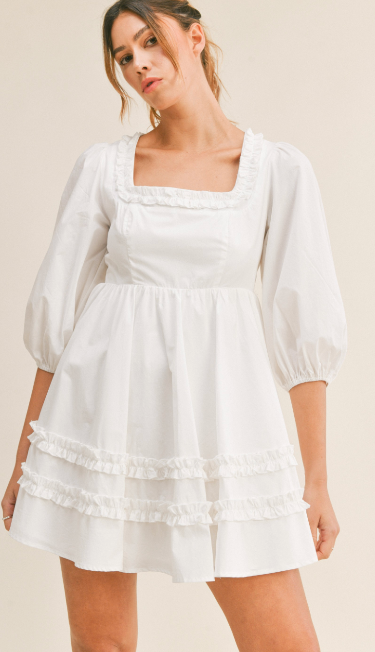 Kate Ruffled Square Neck Dress White