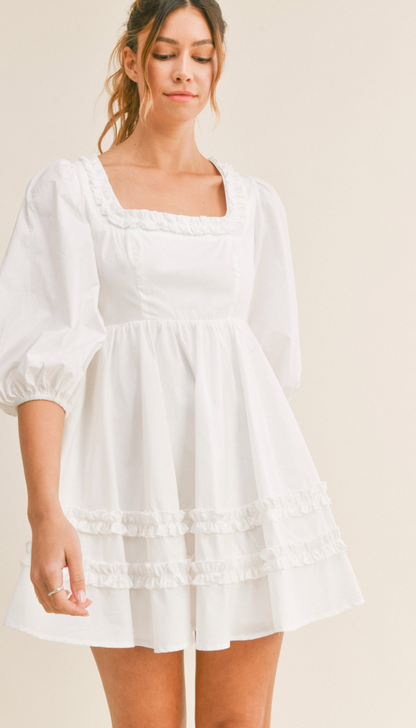 Kate Ruffled Square Neck Dress White