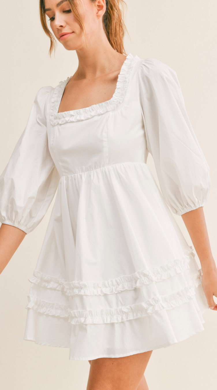 Kate Ruffled Square Neck Dress White