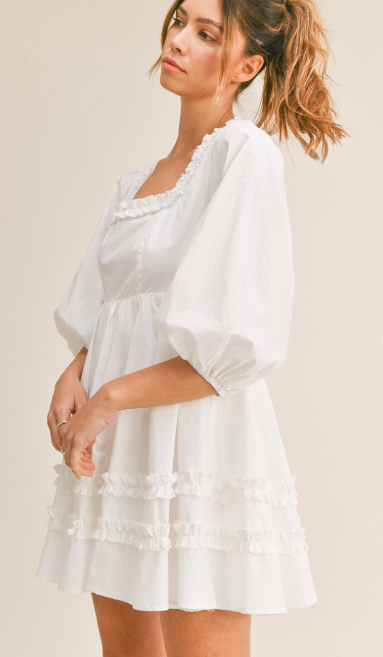 Kate Ruffled Square Neck Dress White