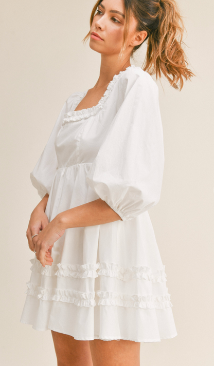 Kate Ruffled Square Neck Dress White