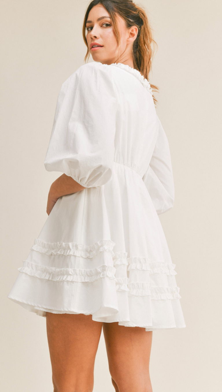 Kate Ruffled Square Neck Dress White