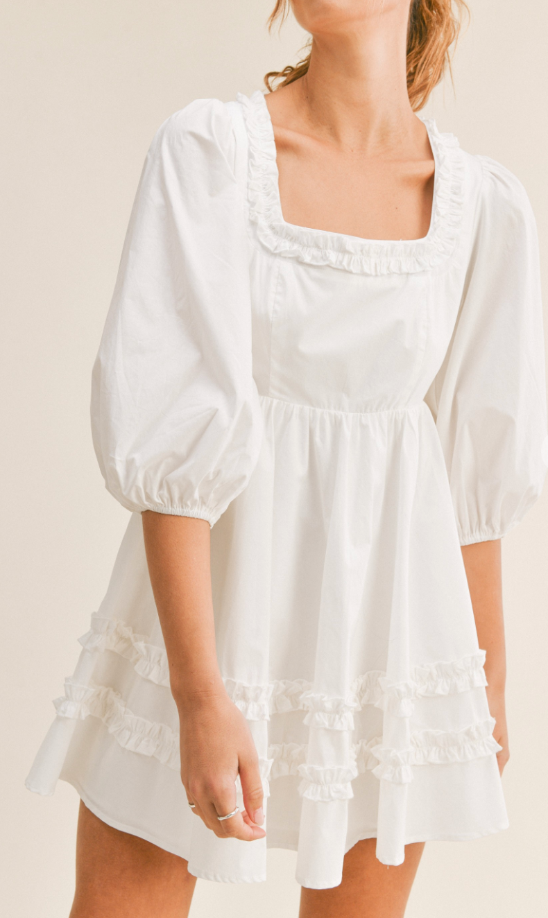 Kate Ruffled Square Neck Dress White