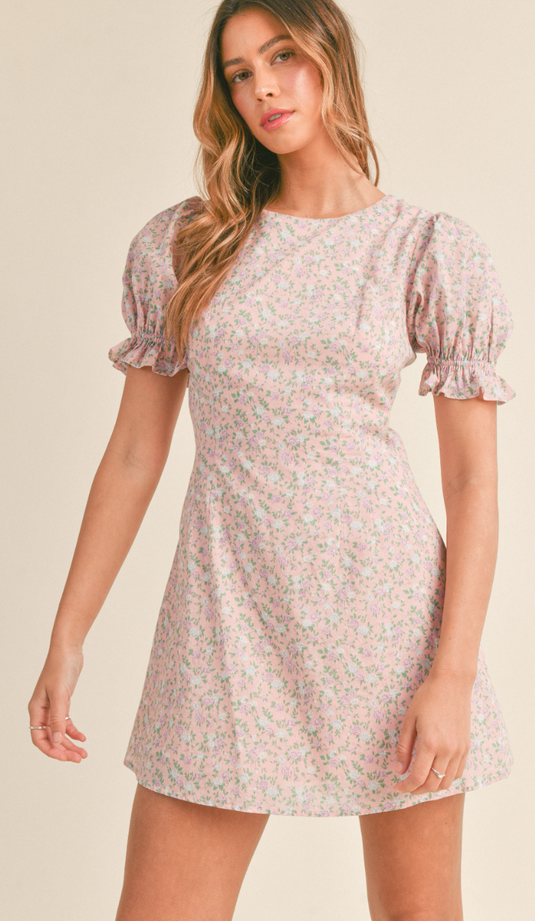 Pink Floral Puff Sleeve Dress