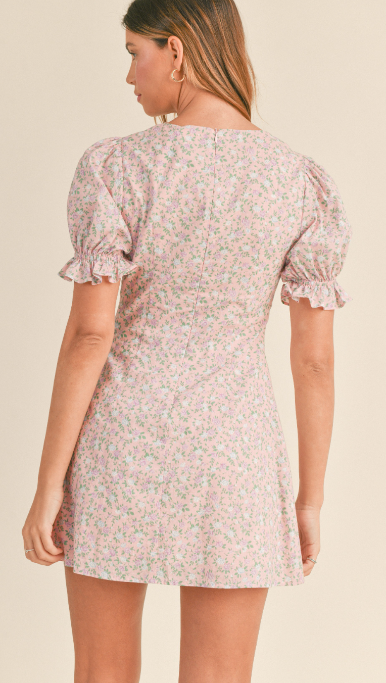 Pink Floral Puff Sleeve Dress