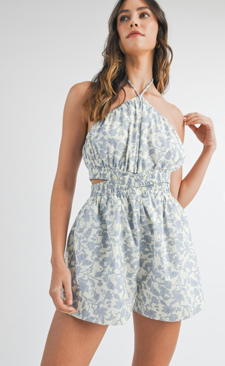 Blue Floral Halter Romper