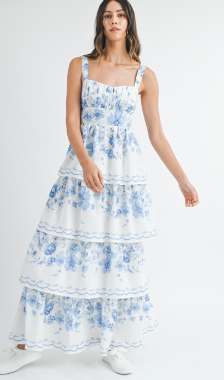 Gia Floral Tiered Maxi Dress Blue