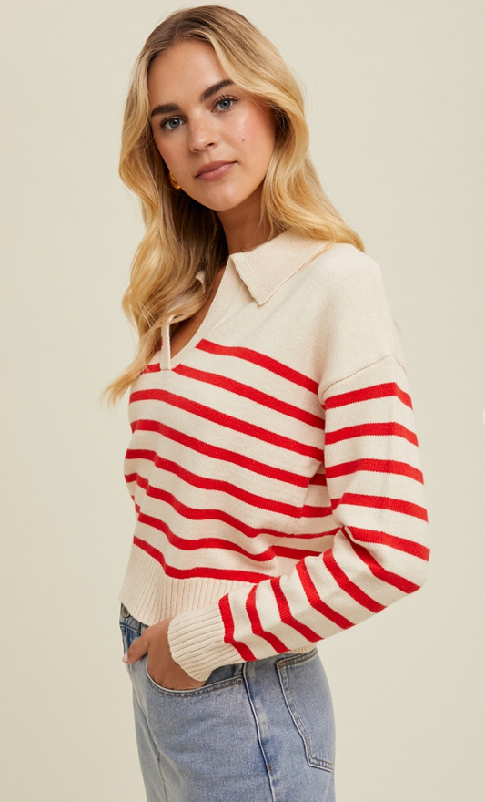 Taupe/Red Stripe Sweater