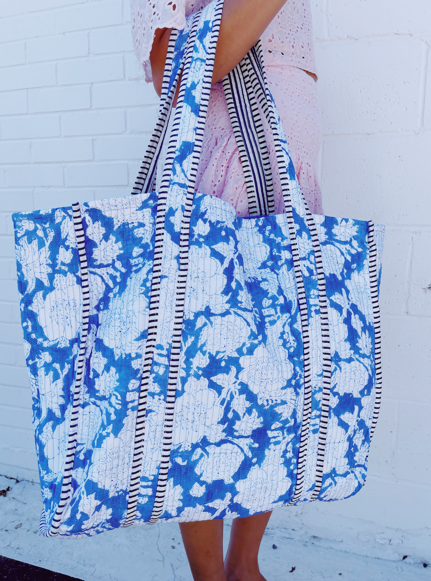 Quilted Tote Bag Blue w/ White Floral/Navy Stripe