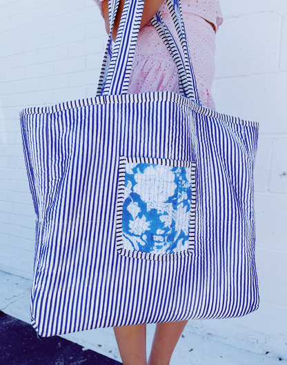 Quilted Tote Bag Blue w/ White Floral/Navy Stripe