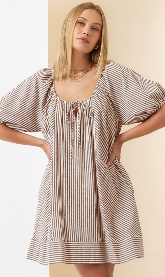 Chocolate Stripe Puff Sleeve Dress