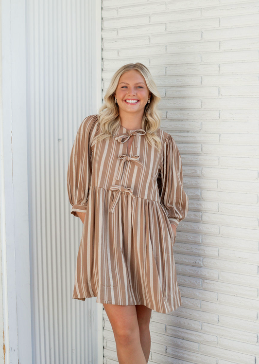 Sand Stripe Ties Babydoll Dress