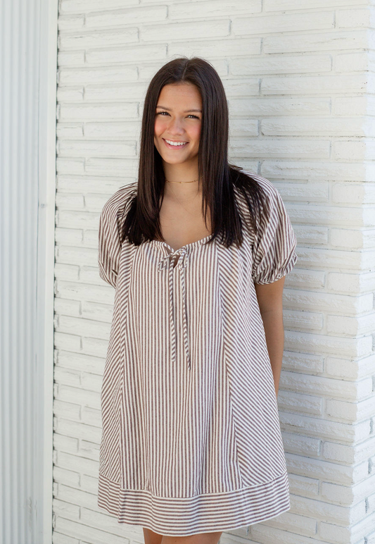 Chocolate Stripe Puff Sleeve Dress