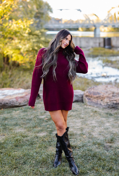 Turtleneck Sweater Dress Wine