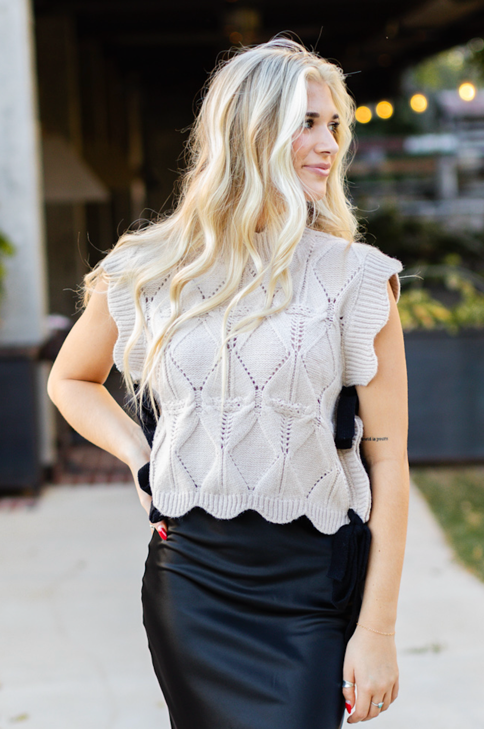 Scallop Knit Vest w/ Ties Taupe