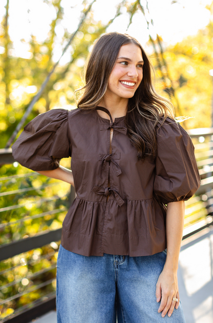 Alice Ties Puff Sleeve Top Chocolate