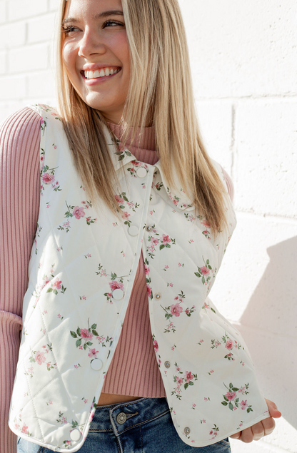 Ivory Floral Puffer Vest