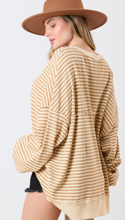 Buttons Thermal Stripe Sweatshirt Cream/Brown