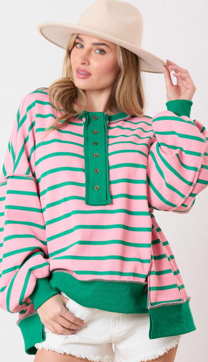 Buttons Thermal Stripe Sweatshirt Green/Pink