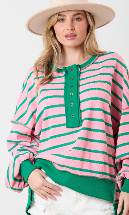 Buttons Thermal Stripe Sweatshirt Green/Pink