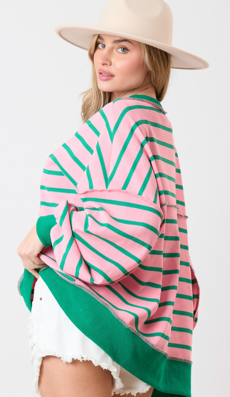 Buttons Thermal Stripe Sweatshirt Green/Pink