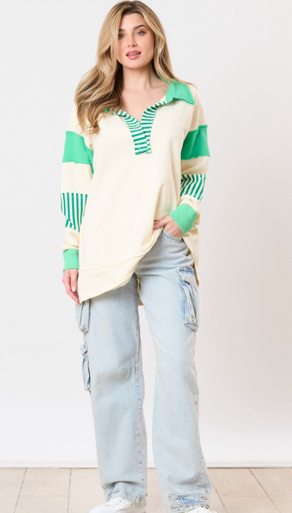 Terry Stripe Contrast Sweatshirt Cream/Green