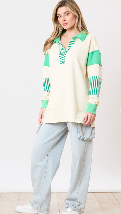 Terry Stripe Contrast Sweatshirt Cream/Green