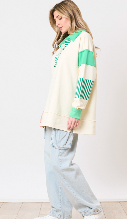 Terry Stripe Contrast Sweatshirt Cream/Green