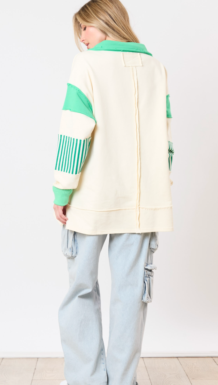 Terry Stripe Contrast Sweatshirt Cream/Green