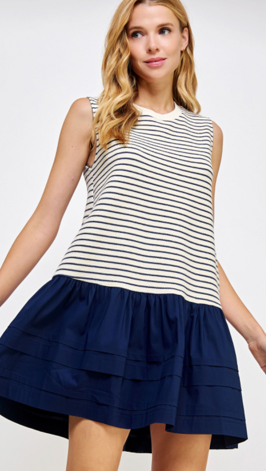 Navy Stripe Combo Skirt Dress