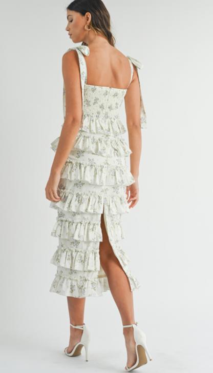 Bella Floral Ruffle Midi Dress White