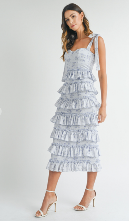 Bella Floral Ruffle Midi Dress Blue