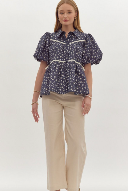 Navy Floral Puff Sleeve Blouse