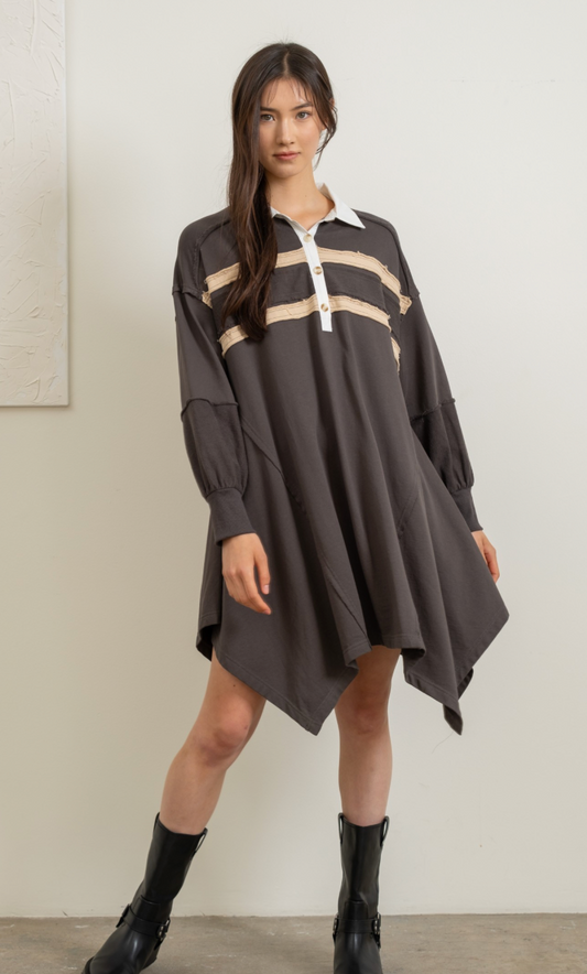 Slouchy Collared Polo Dress Grey