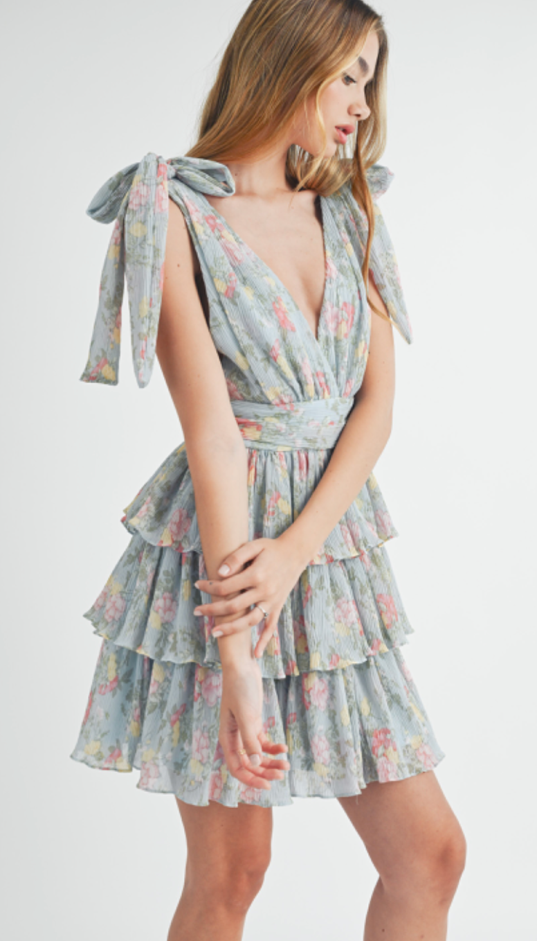 Floral Lurex Pleated Dress Blue