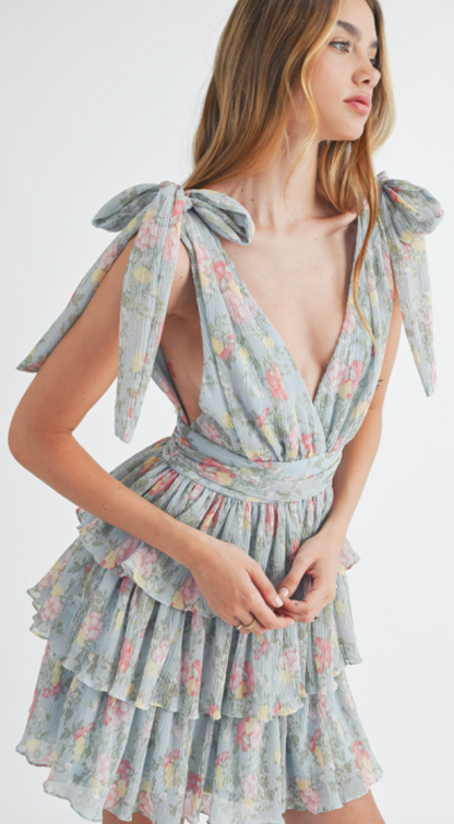 Floral Lurex Pleated Dress Blue