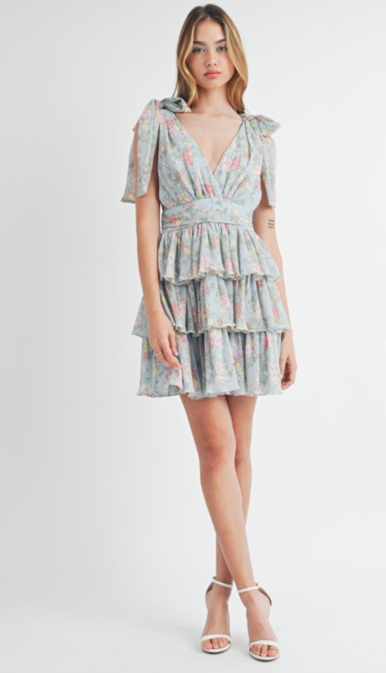 Floral Lurex Pleated Dress Blue