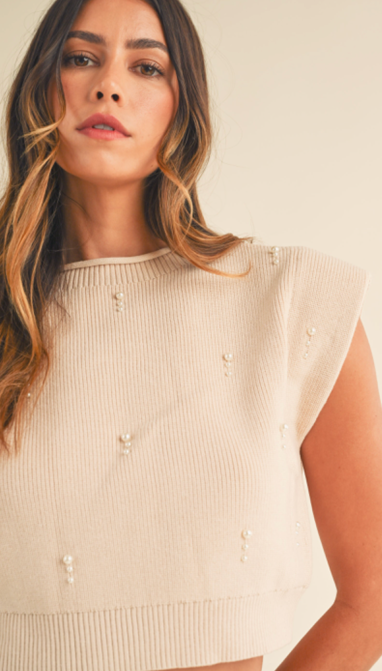 Embellished Pearl Knit Top Taupe