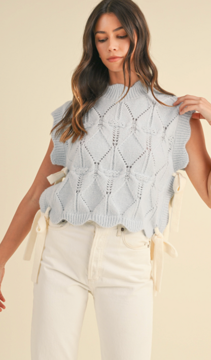 Scallop Knit Vest w/ Ties Blue