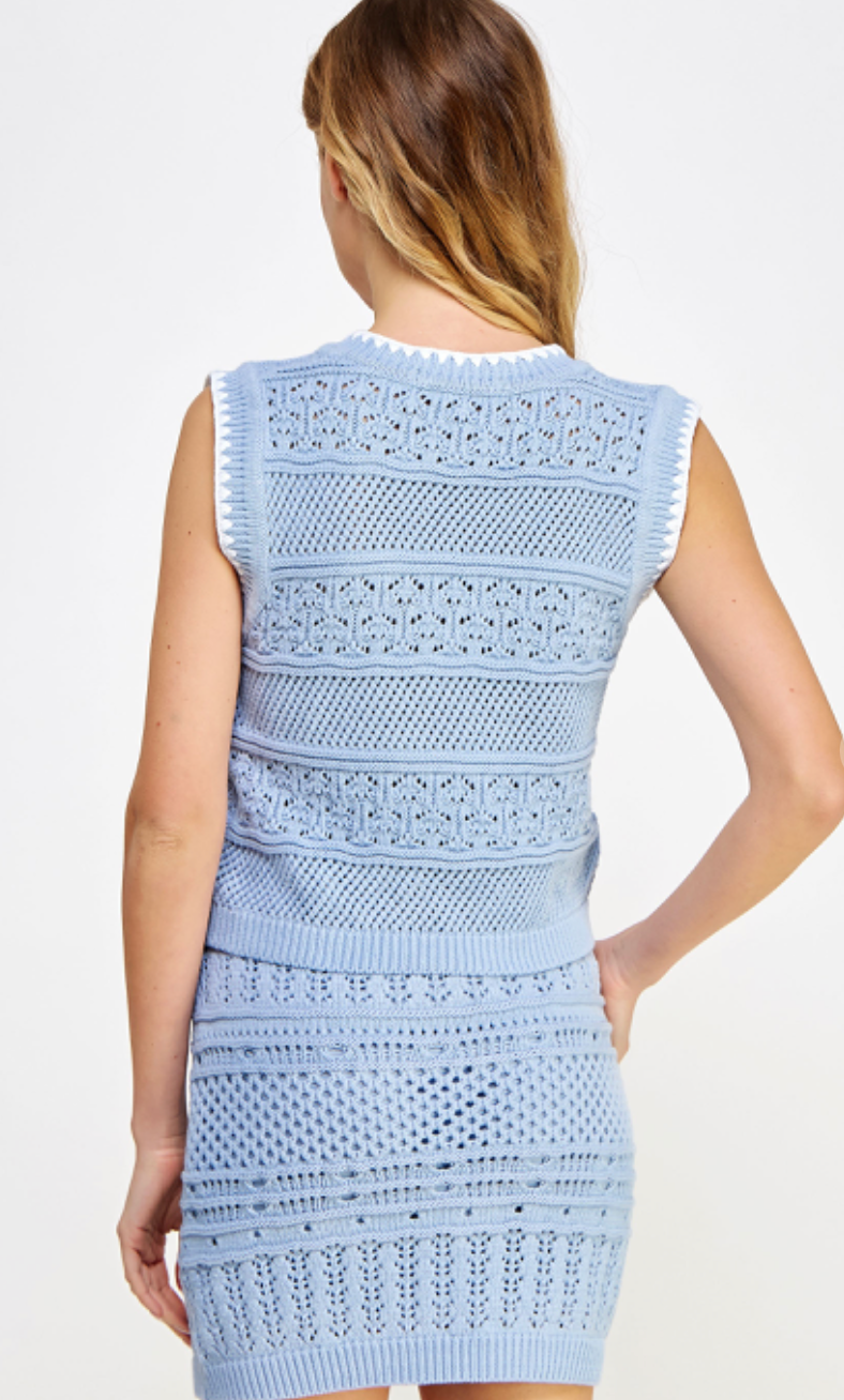 Crochet Knit Top Blue/White