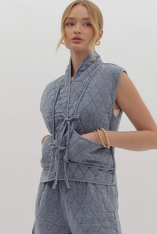 Tied Denim Quilted Vest