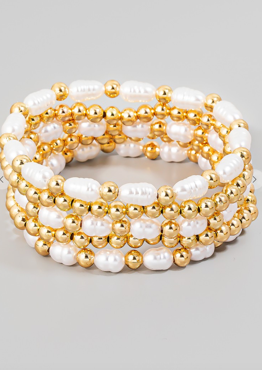 Pearl + Metallic Bead Bracelet Set