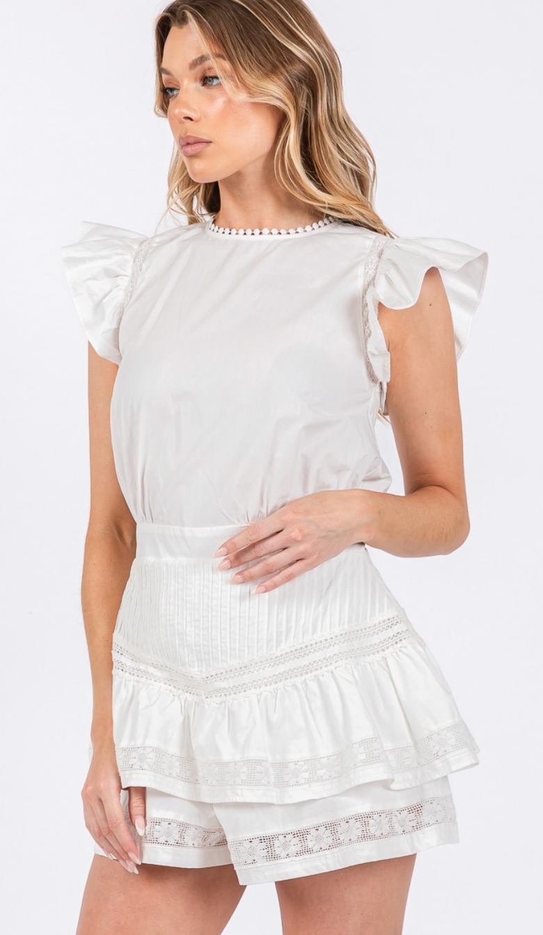 Lace Trim Ruffle Romper White