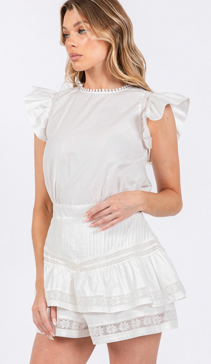 Lace Trim Ruffle Romper White