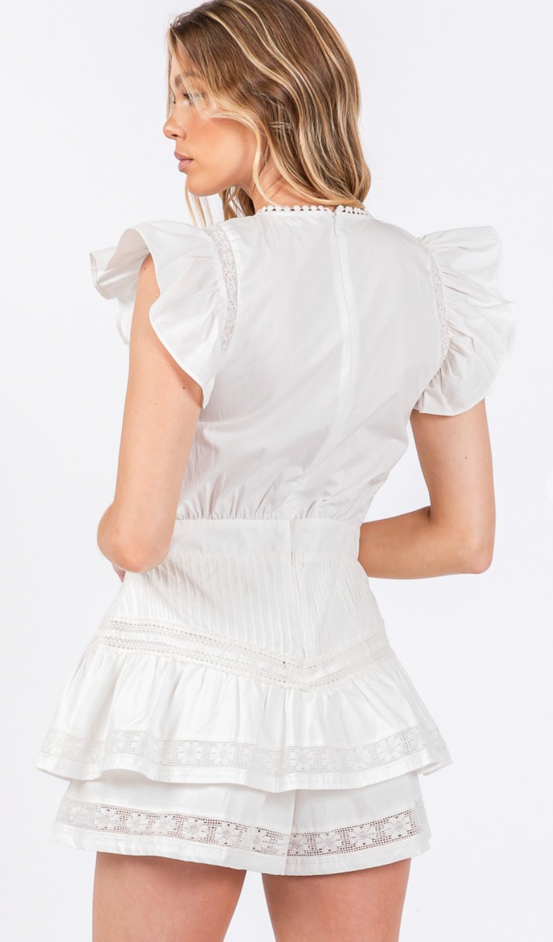 Lace Trim Ruffle Romper White